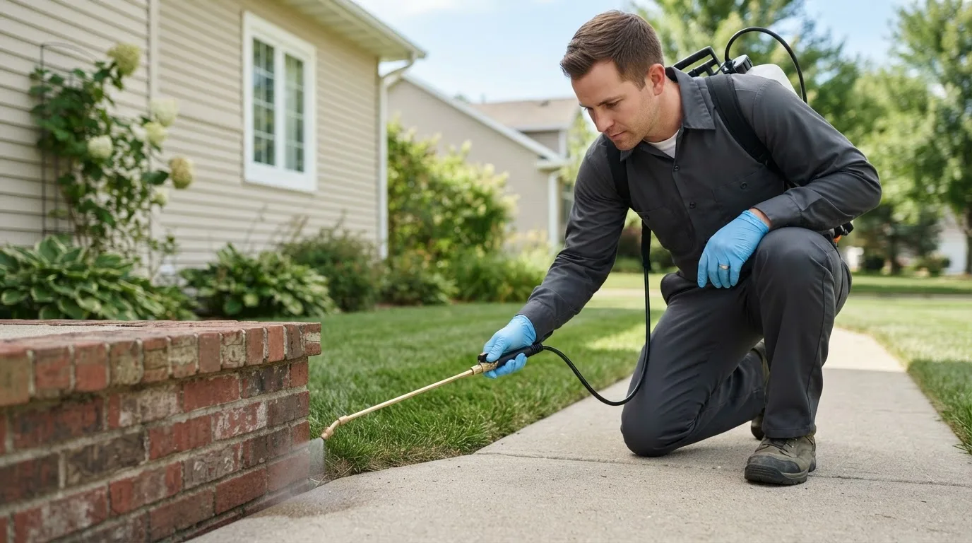 Pest control technician treating a home near Little York, IL