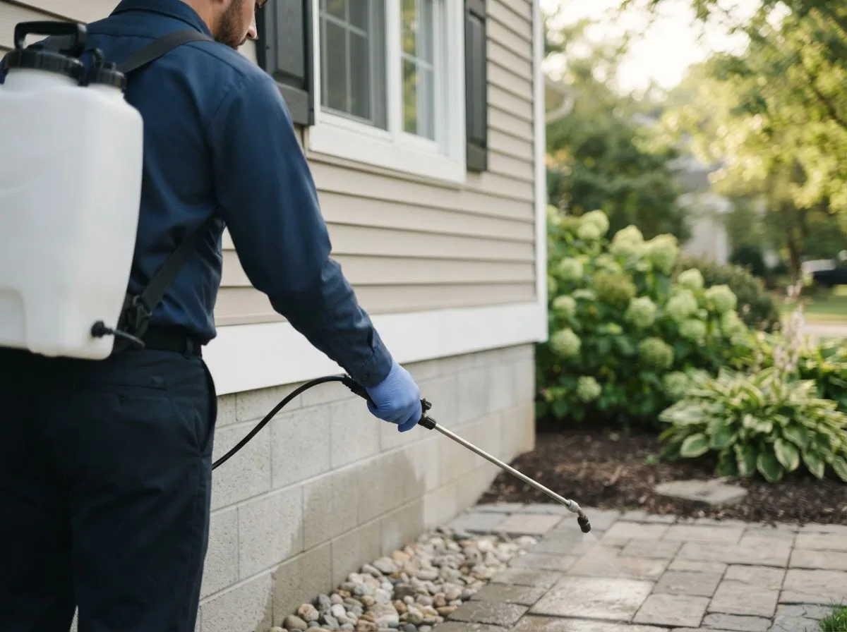 Pest control technician inspecting a home in Little York, IL